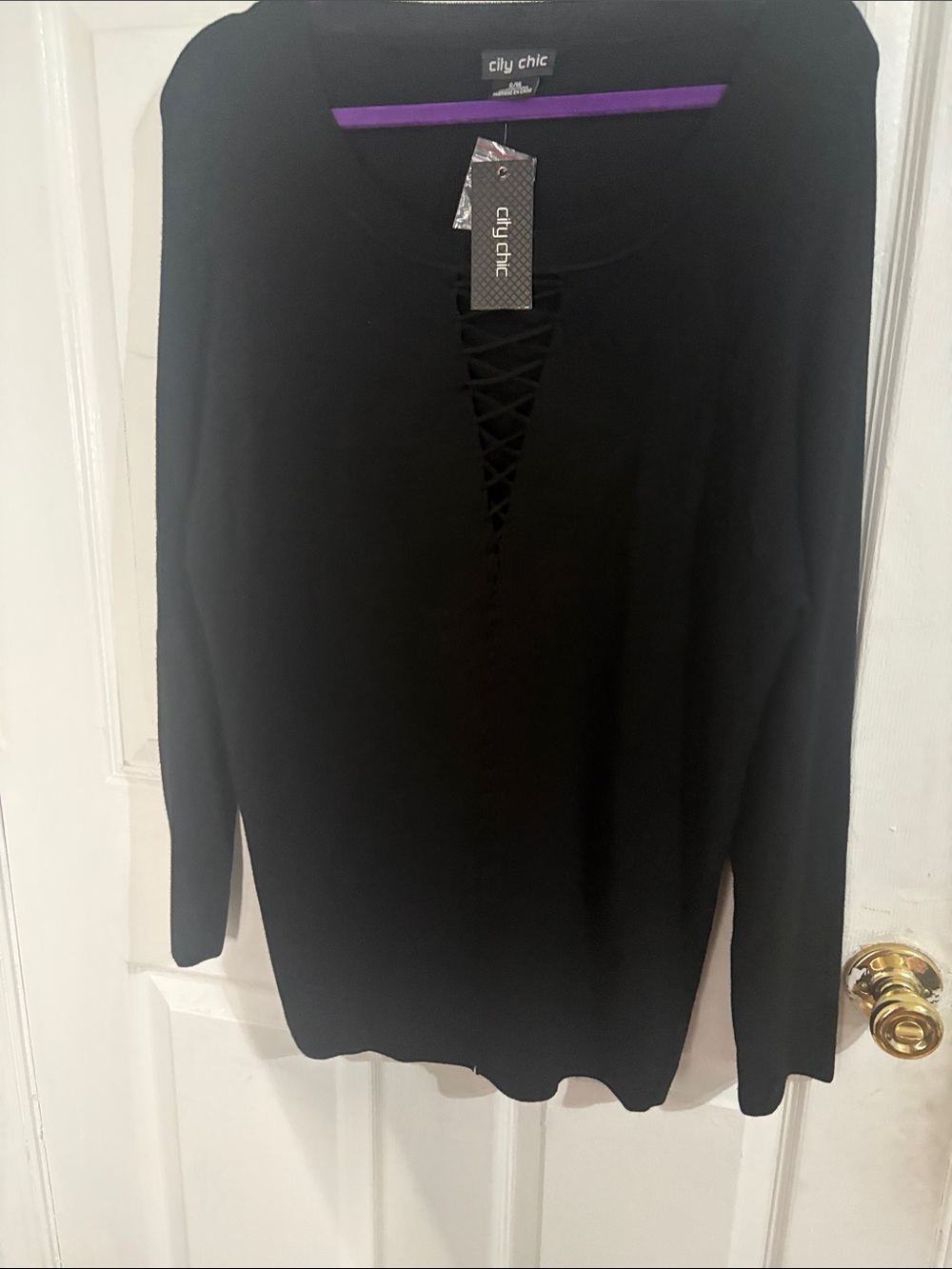 City Chic Black Lace-Up V-Neck Long Sleeve Top